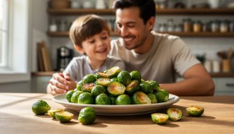 A parent serves roasted Brussels sprouts to a child at a kitchen table while they share a moment of healthy eating and curiosity.