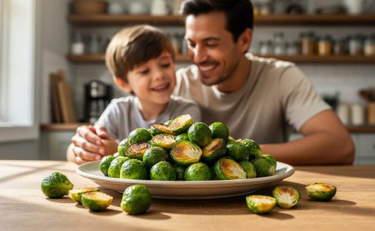 A parent serves roasted Brussels sprouts to a child at a kitchen table while they share a moment of healthy eating and curiosity.