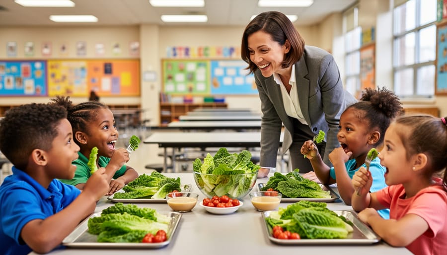 Teacher and students smiling in a school cafeteria while trying a romaine lettuce salad.
