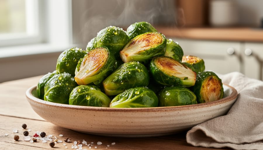 Close-up of cooked Brussels sprouts in a bowl