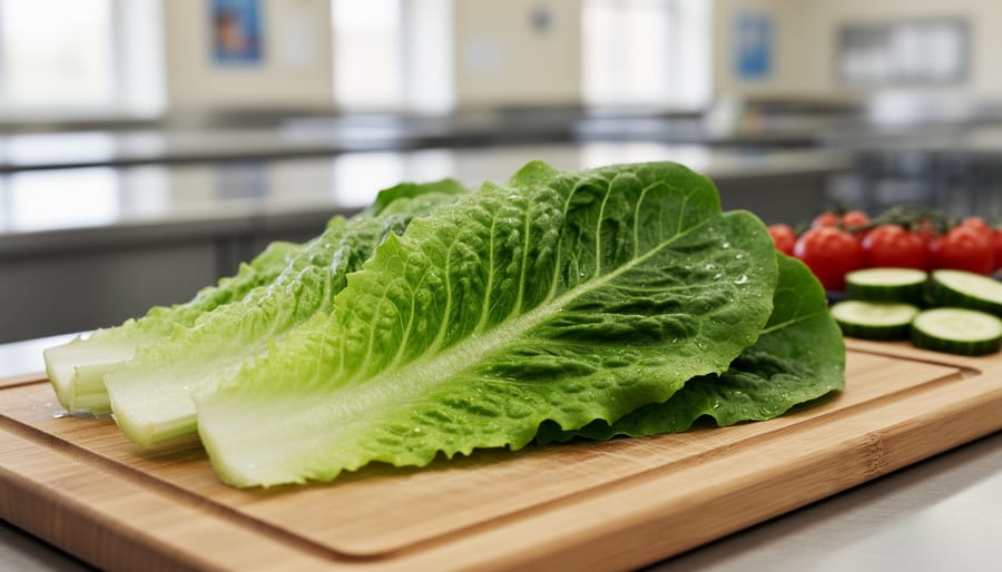Close-up of fresh romaine lettuce leaves with crisp texture and water droplets on a cutting board.