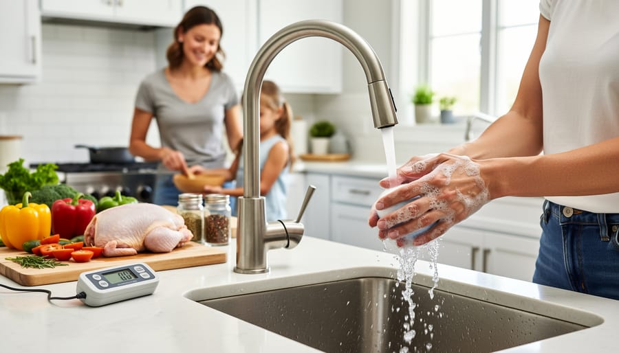 Child washing hands at a kitchen sink with soap bubbles while cooked chicken sits in the background