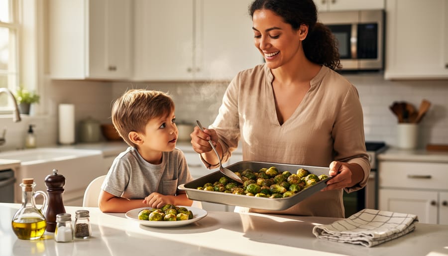Parent offering roasted Brussels sprouts to a child at a kitchen table