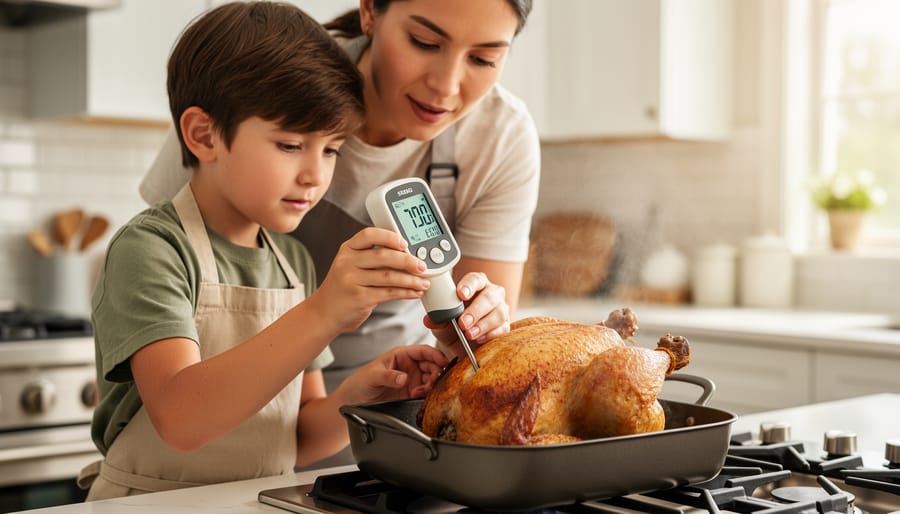 Parent and child in a kitchen using a food thermometer to check a baking dish of chicken