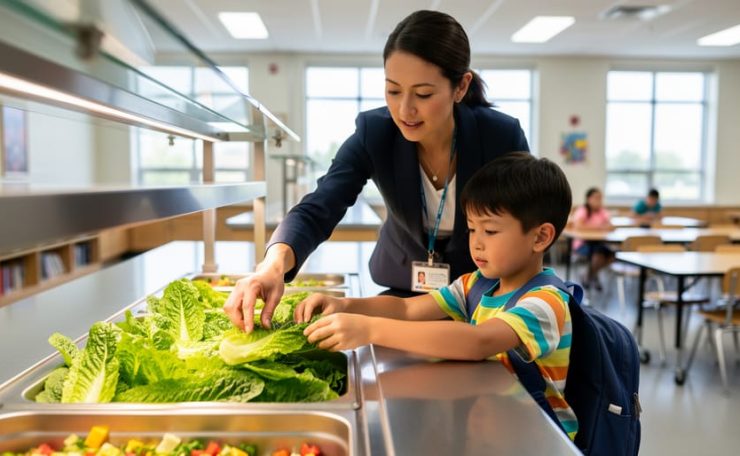 Teacher and second-grader selecting romaine lettuce at a school cafeteria salad bar with fresh greens in focus