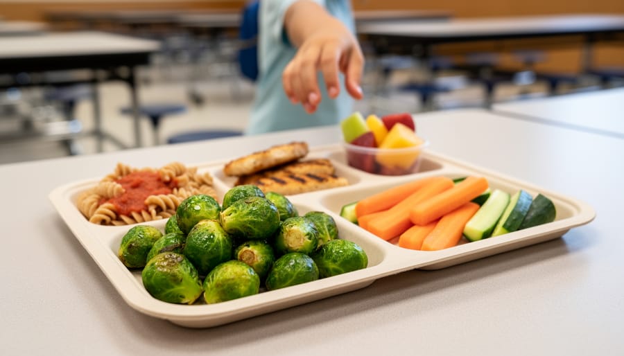 Brussels sprouts served on a school lunch tray in a cafeteria