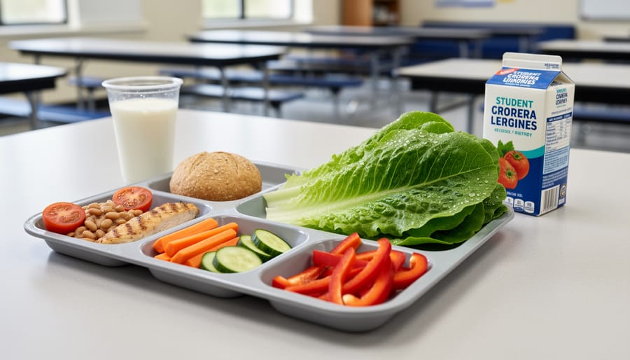 Overhead view of a school lunch tray with portions of romaine lettuce and other colorful vegetables.