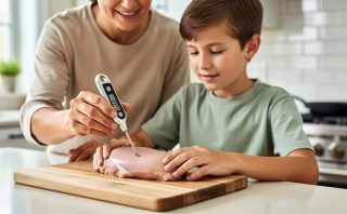 A parent helps a child use an instant-read thermometer to check doneness of a chicken breast on a cutting board in a home kitchen.
