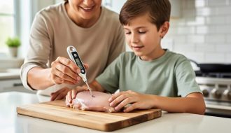 A parent helps a child use an instant-read thermometer to check doneness of a chicken breast on a cutting board in a home kitchen.