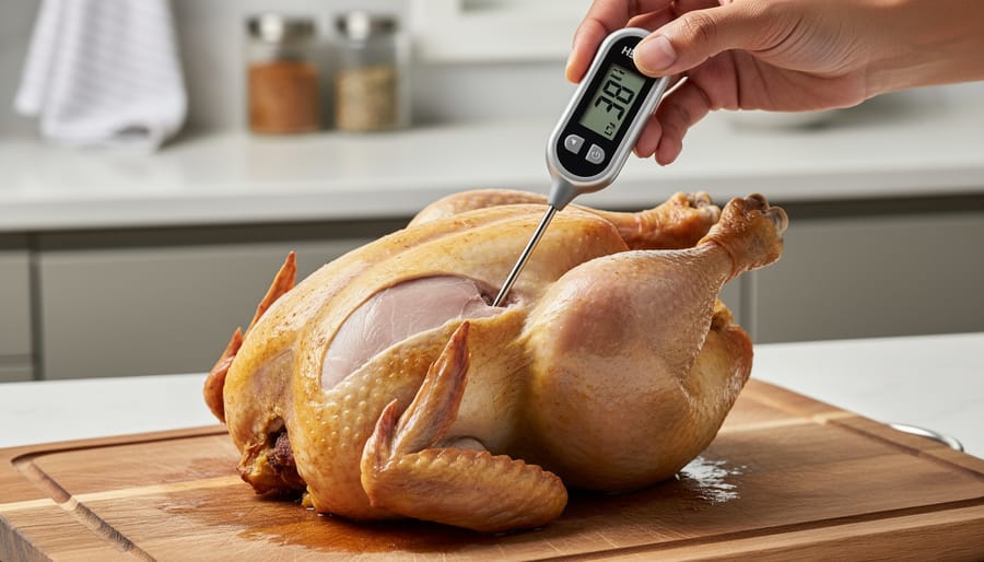Food thermometer probe placed in the thickest part of roasted chicken on a cutting board