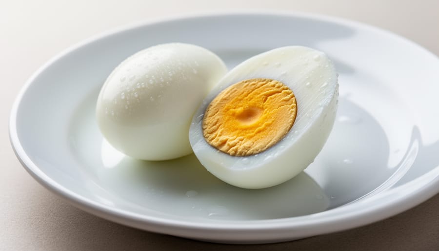 A person peeling a hard-boiled egg above a bowl on a kitchen counter.