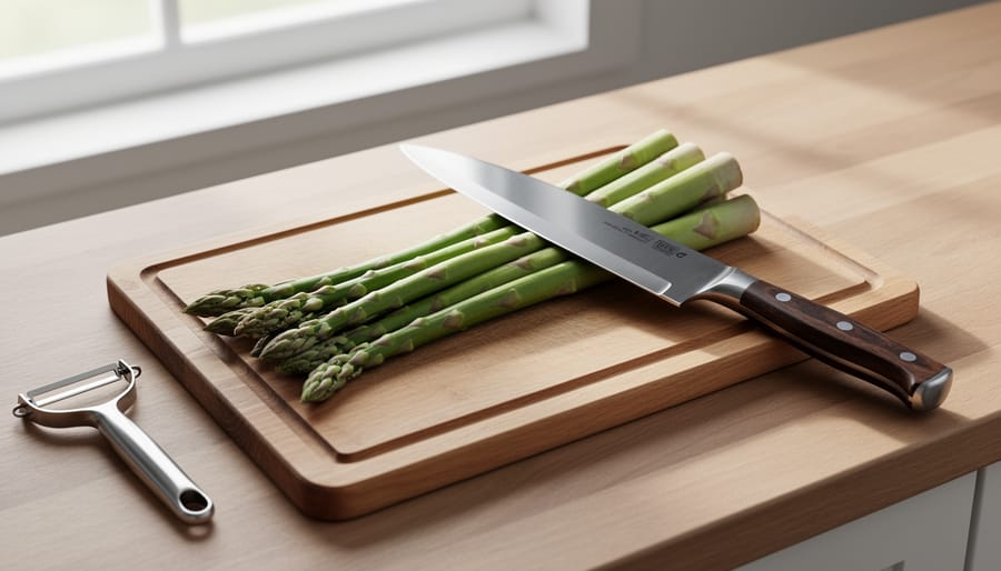 Asparagus spears on a cutting board with a knife and optional vegetable peeler ready for trimming
