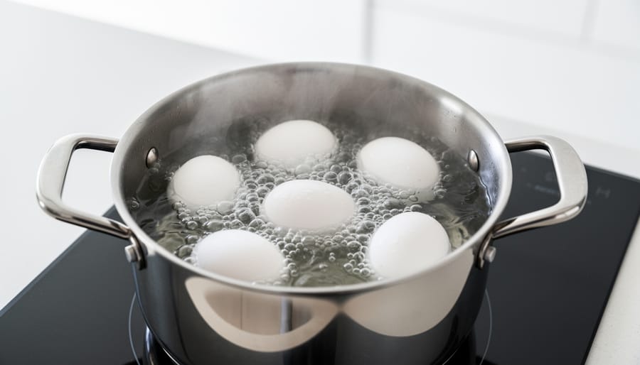 Eggs simmering in a pot of water on a stovetop.