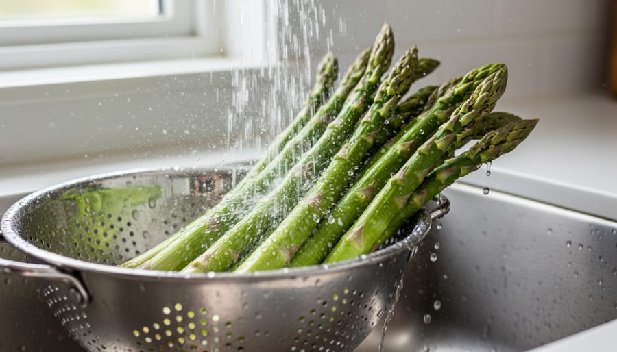 Hands rinsing fresh asparagus in a white colander over a sink with water droplets on the spears