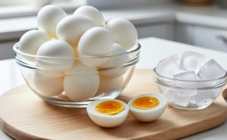 Close-up of hard-boiled eggs on a wooden board with a cracked egg showing the yellow yolk and a bowl of ice cubes nearby.