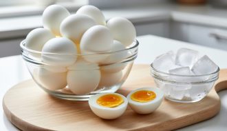 Close-up of hard-boiled eggs on a wooden board with a cracked egg showing the yellow yolk and a bowl of ice cubes nearby.