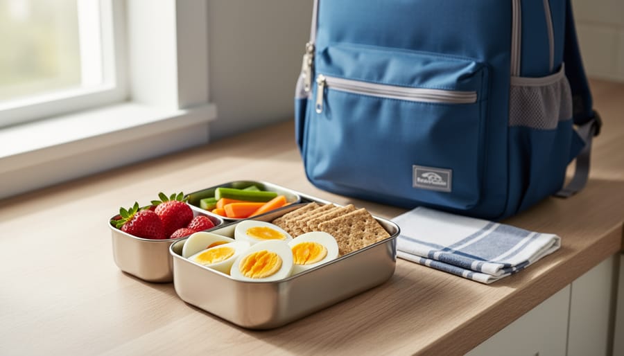 Hard-boiled eggs packed in a lunchbox with a fork and snack items.
