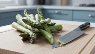 Fresh asparagus spears on a cutting board with a chef’s knife, illustrating trimming the woody ends before cooking.