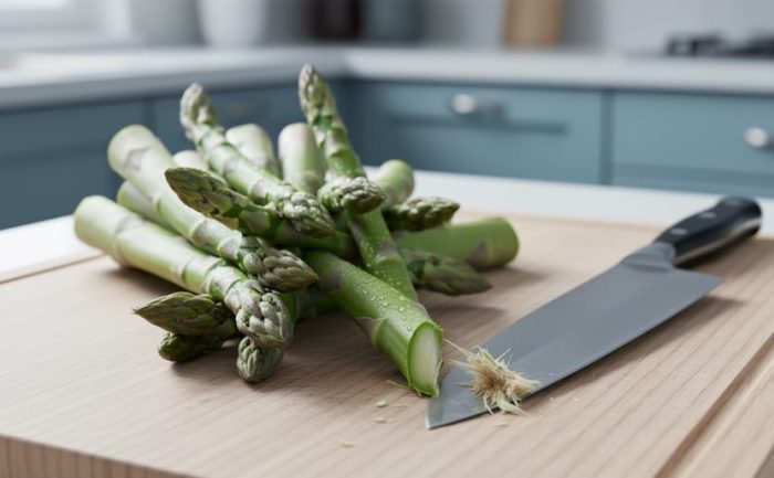 Fresh asparagus spears on a cutting board with a chef’s knife, illustrating trimming the woody ends before cooking.