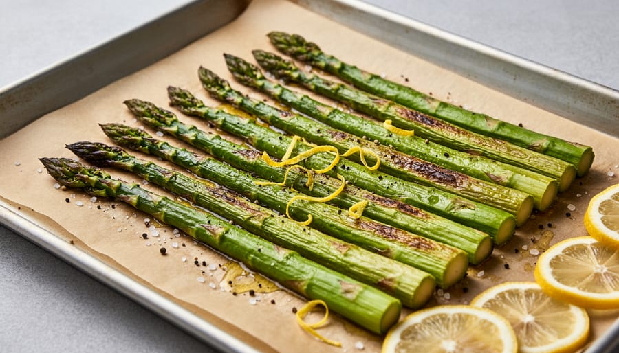 Roasted asparagus on a plate with golden-brown tips and a lightly glossy finish