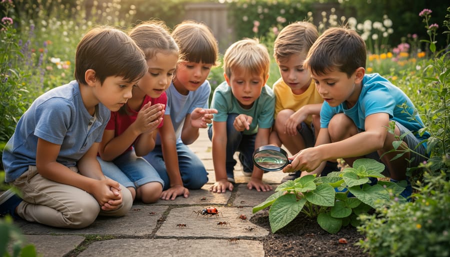 Child using a magnifying glass to observe an insect on a leaf in a garden bed