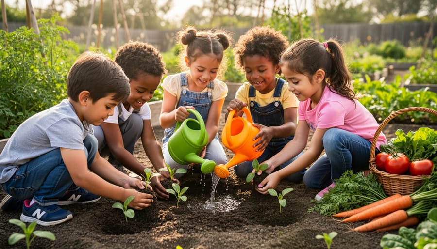 Child hands planting a seedling in a raised container garden with a watering can nearby