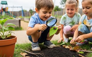Kindergarten child crouching in a garden and using a magnifying glass to look at an insect on a leaf, with other kids and plants nearby