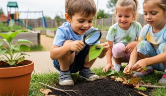 Kindergarten child crouching in a garden and using a magnifying glass to look at an insect on a leaf, with other kids and plants nearby