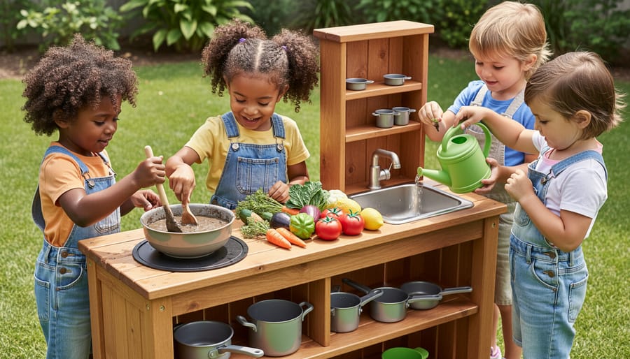 Child stirring mud kitchen “soup” in an outdoor metal pot with water nearby