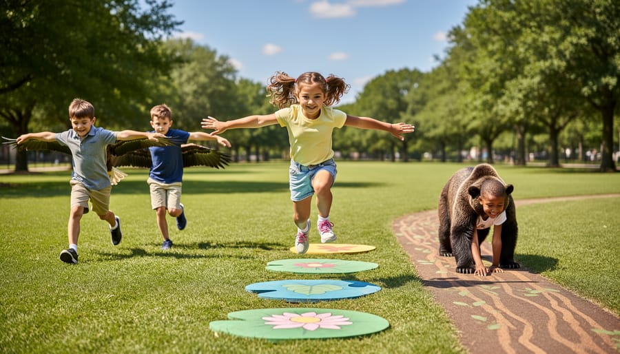 Children running outdoors during a nature-themed movement game with a teacher nearby