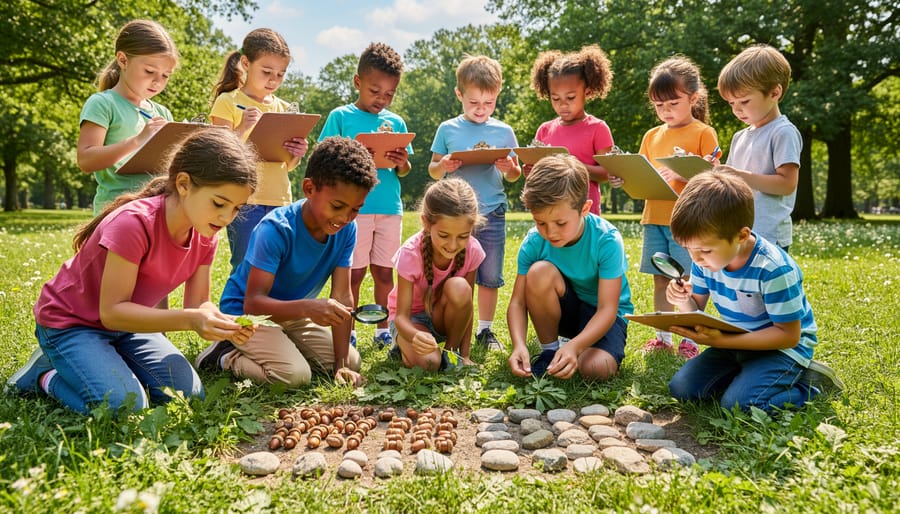 Kindergarteners searching the grass for leaves and rocks during a nature scavenger hunt outdoors