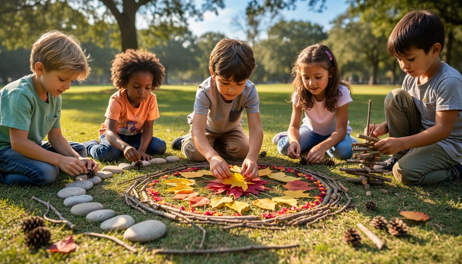 Children creating leaf rubbings and nature collages at an outdoor art station with leaves and sticks