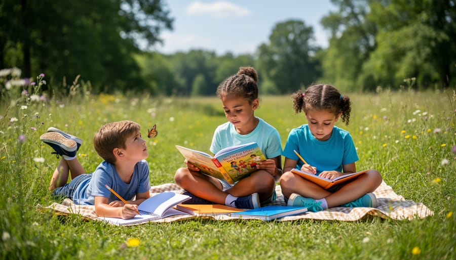Kindergarteners doing outdoor story time on a blanket with a nature journal nearby