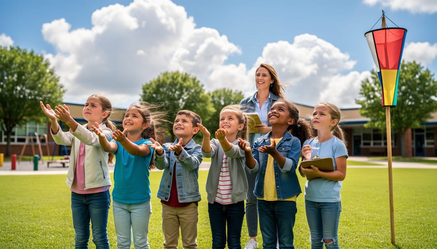 Children observing clouds and feeling the wind outdoors for weather watching